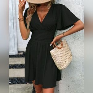 White Birch The Right Track Full Size Short Flutter Sleeve Mini Dress
